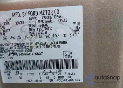 2006 Ford F-150 Fx4/Lariat/Xlt из США, поврежденный, VIN 1FTPW14596KB75837